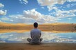 seated man in front of a tranquil desert mirage reflecting the sky
