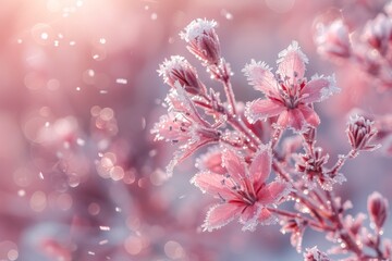 Wall Mural - Ice crystals in the shape of flowers, glittery colors, and a bokeh light effect.