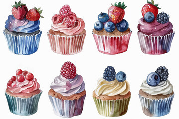 Sticker - Set of watercolor cupcakes with berries isolated on white background, watercolor illustration 