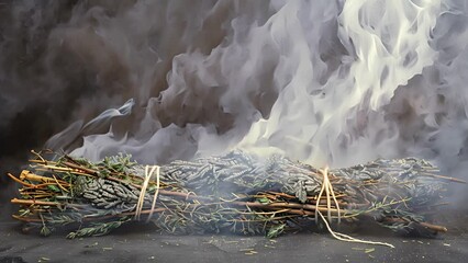 Wall Mural - A bundle of dried herbs and sage tied with twine and blessed with sacred smoke used for cleansing and purification during shamanic ceremonies.