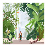 Fototapeta Miasto - Woman in greenhouse, conservatory, botanical garden, park. Person walking in hothouse, green glass house indoor with greenery, exotic tropical leaf plants growing, nature. Flat vector illustration