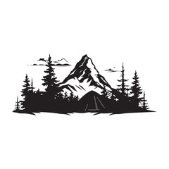  Mountain camping scene silhouette clipart black and white
