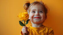 Joyful Toddler Girl With Pigtails Holding Yellow Rose On Vibrant Yellow Background