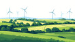 Wind farm in green fields among trees. Ecological or e