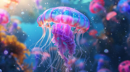 Captivating image of a colorful jellyfish surrounded by a myriad of tiny bubbles in the deep blue sea