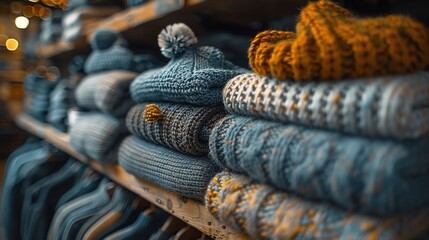 Different knitted sweaters in a wardrobe, close up. Concept warm clothing. Generative Ai. 