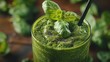 Healthy green smoothie with banana, spinach, avocado and chia seeds in a glass bottles. Generative Ai.
