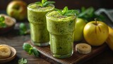 Fototapeta Do akwarium - Blended green smoothie with ingredients on wooden table. Generative Ai. 