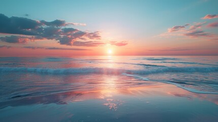 Wall Mural - A serene beach scene at sunset, with a glass blur effect overlay on the horizon line to simulate a gentle, dreamy transition between sky and sea.