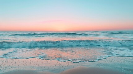 Wall Mural - A serene beach scene at sunset, with a glass blur effect overlay on the horizon line to simulate a gentle, dreamy transition between sky and sea.