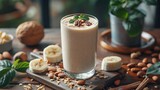 Fototapeta Do akwarium - Banana smoothie for Breakfast with cinnamon and milk. Generative Ai. 