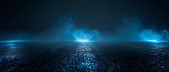 Aufkleber - a dark street with an empty scene, neon lights and spotlights. the asphalt floor and studio room with smoke float up the interior texture.