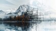 A split background with one side showing a serene, mist-covered mountain range and the other a detailed architectural blueprint, contrasting natural beauty with human ingenuity.