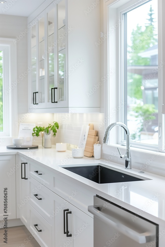 White kitchen monochromatic interior with sleek countertops and cabinets, stainless steel appliances, and a panoramic view of the bustling cityscape with skyscrapers through a large window.