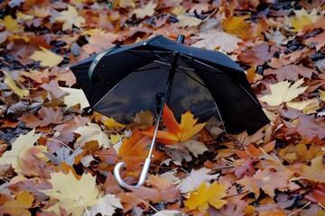 Wall Mural - lost umbrella amidst a pile of autumn leaves