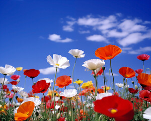 Wall Mural - Striking field of white and red poppies under a deep blue summer sky