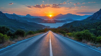 Wall Mural - Sunset view over mountains from highway