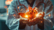 Close up of doctor hands holding a glowing human heart, a hologram futuristic medical technology concept on a blurred background with copy space. A banner for a hospital and card. Weed ch blackjack on