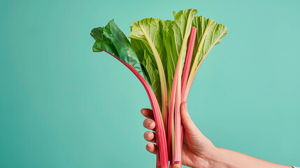 Wall Mural - A farmers hand holding a freshly picked rhubarb stalk, isolated on a gradient background 