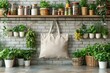 Mockup of a blank eco canvas tote bag on kitchen