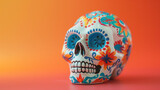 Fototapeta Zwierzęta - Hand-painted ceramic sugar skull rich in detail and vivid colors isolated on a gradient background epitomizing Cinco de Mayo festivities 