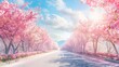 A panoramic banner featuring a sun-drenched avenue lined with blooming cherry blossoms, providing a vibrant backdrop for festival activities, with ample space on one side for engaging