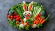 Realistic vegetable composition in the shape of an Easter bunny