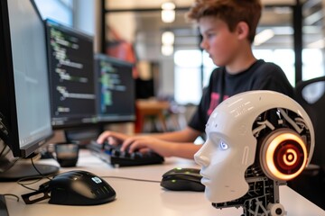 teen coding on a computer with a robot head in foreground