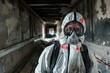 biohazard cleaner with mask in contaminated area