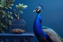 Magnificent Peacock Displaying Vibrant Plumage Beside A Birdcage Against A Blue Backdrop