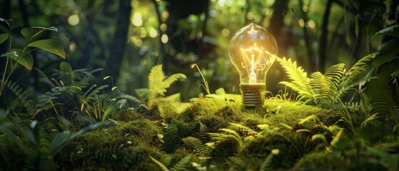 Aufkleber - Symbol of sustainable energy from the earth. Forest with moss, grass, and lightbulb. Green forest with moss, grass, and light bulb.