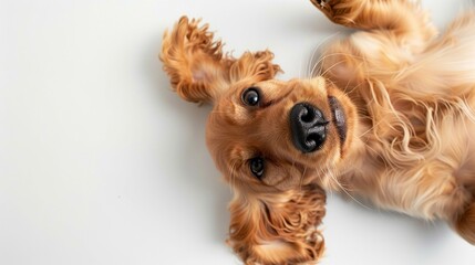 Wall Mural - Cute brown dog lying on white background, top view with copy space.