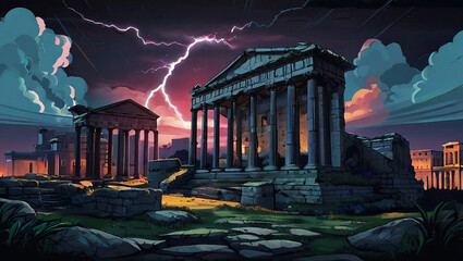 Wall Mural - Temple ruins in an ancient rome citys Illustration