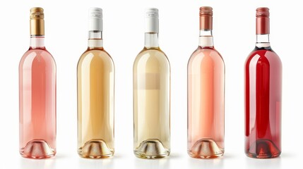 Wall Mural - Isolated on white background, three types of wine bottles: white, rose, and red