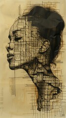 Wall Mural - drawing of a woman's head made entirely of words and letters