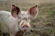 pig with mudcaked ears in open field