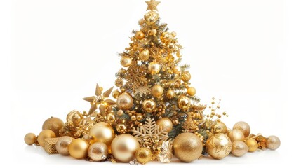 Sticker - Isolated on white background, decorated gold Christmas tree with gold patchwork ornaments and artificial star hearts for the new year