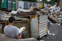 man reading a book on a discarded sofa near dumpsters