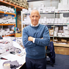 Aufkleber - Portrait, man and happy shelves in distribution warehouse and pride in career as inspection of stock. Positive face, professional and arms crossed for job satisfaction or manager of inventory on site
