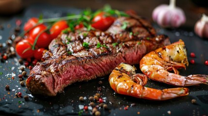 Wall Mural - Grilled steak with shrimp on a black stone slab.