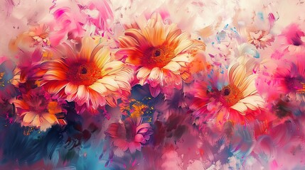 Wall Mural - Vibrant bursts of abstract flowers blooming across the canvas, their petals unfurling in a riot of color and texture that celebrates the beauty of nature in