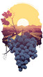 Fusion of  bunch of grapes with vineyard landscape, sunset, vertical aspect
