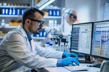 Wall Mural - a pharmaceutical scientist is conducting tests and recording all the tests on a powerful computer in