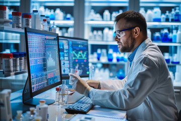 Wall Mural - a pharmaceutical scientist is conducting tests and recording all the tests on a powerful computer in