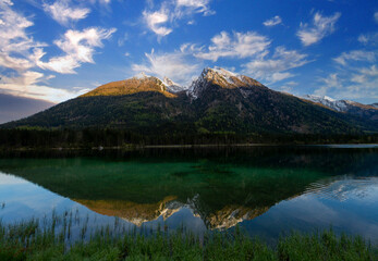 Wall Mural - Beautiful autumn scene of Hintersee lake. Colorful morning view of Bavarian Alps on the Austrian border, Germany, Europe. Beauty of nature concept background.