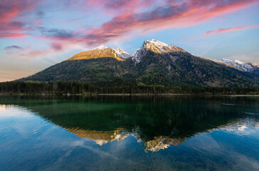 Wall Mural - Beautiful autumn scene of Hintersee lake. Colorful morning view of Bavarian Alps on the Austrian border, Germany, Europe. Beauty of nature concept background.