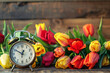 In the spring concept, an alarm clock positioned front of colorful tulips, symbolizing the awakening and freshness associated with the season.