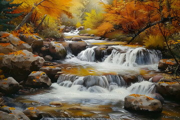 Sticker - a gently flowing mountain stream cascading over rocks surrounded