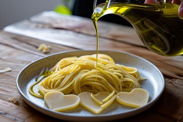 Canvas Print - person pouring olive oil over pasta hearts on a plate