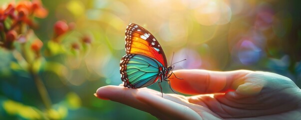  Colorful butterfly sits on woman fingers, harmony of nature, copy space, beautiful magic close-up professional photo